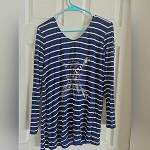 Navy and White Striped Long Sleeve Graphic Top